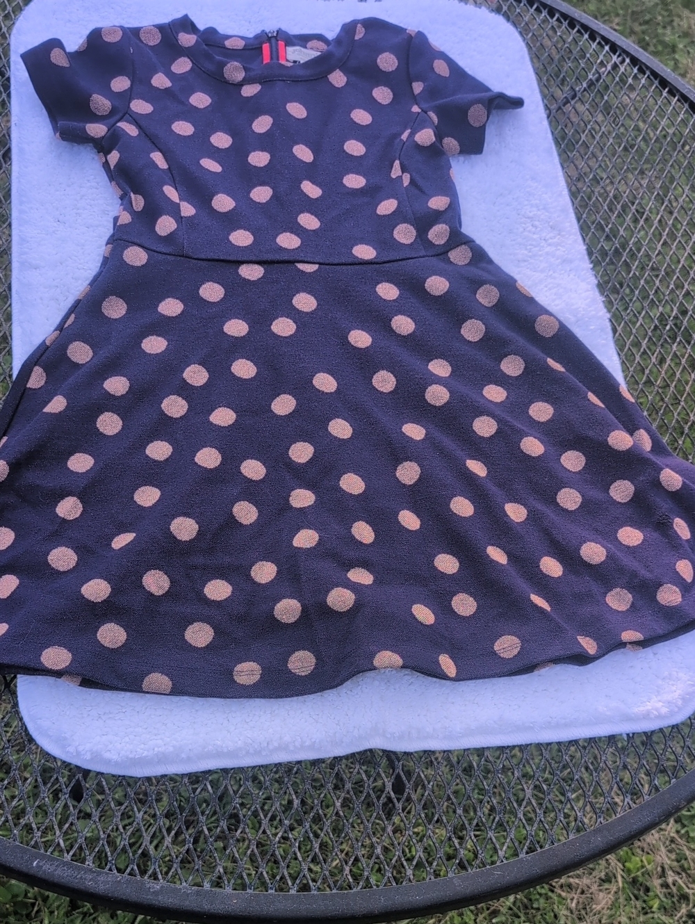 Girls Navy Dress with Peach Polka Dots — Short Sleeve Fit & Flare
